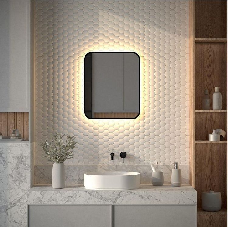 Зеркало Defesto Aura 50х60 DF 2973R с подсветкой 19W-3000K/ИК - выключатель/Теплый белый свет/Черная рама