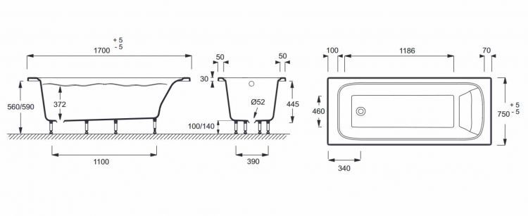 Схема ванны Jacob Delafon E;ite 170x75 Схема ванны Jacob Delafon E;ite 170x75