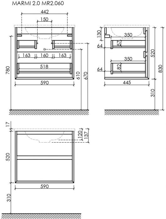 Тумба подвесная SANCOS под раковину Marmi 2.0, дуб чарльстон 590х445х520, MR2.060ECH