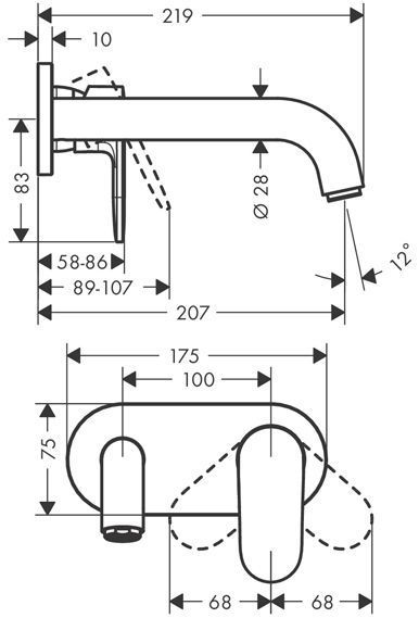 Hansgrohe Vernis Shap Смеситель для раковины, настенный, излив 204 мм, внешняя часть, цвет: матовый черный