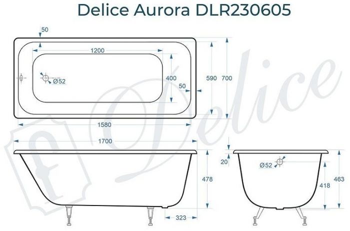 Чугунная ванна Delice Aurora 170х70 DLR230605 без отверстий под ручки и антискользящего покрытия