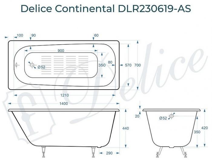 Чугунная ванна Delice Continental 140х70 DLR230619-AS без отверстий под ручки с антискользящим покрытием