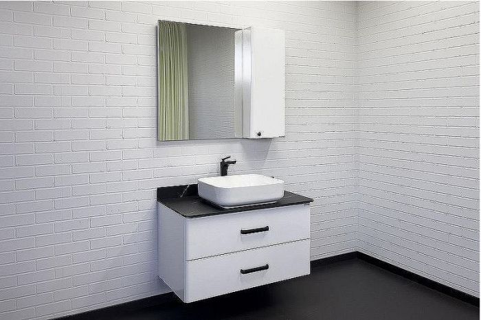 Тумба с раковиной Comforty Амстердам 95 00-00014001 подвесная Белая глянцевая Калакатта Блэк