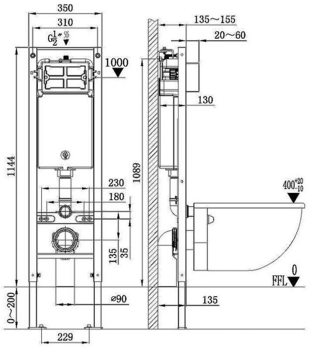 Инсталляция WeltWasser Amberg 350 10000010260 для унитаза без клавиши смыва