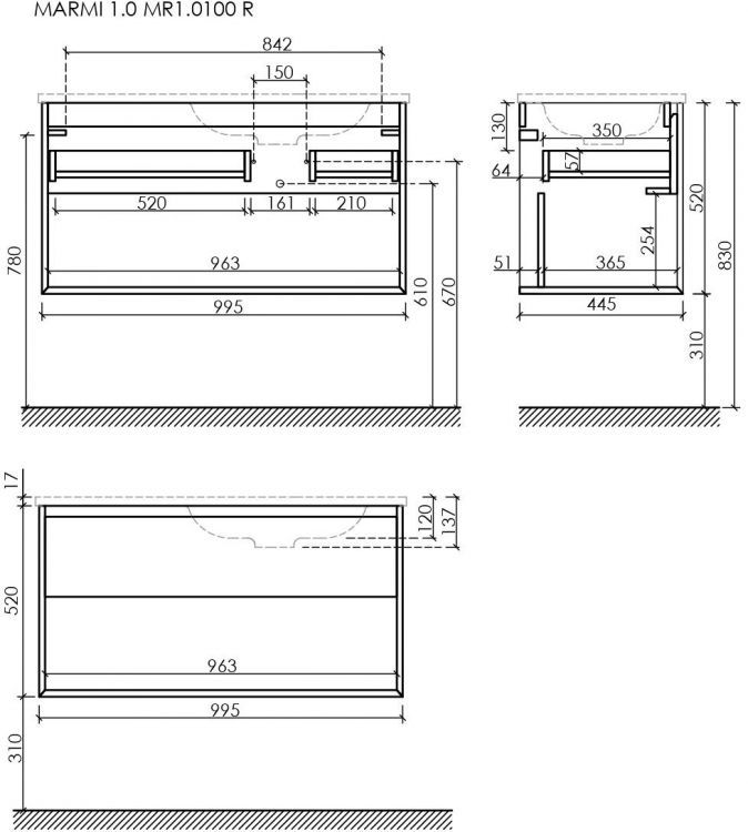 Тумба подвесная SANCOS под раковину правая Marmi 1.0, дуб чарльстон 995х445х520, MR1.0100RECH