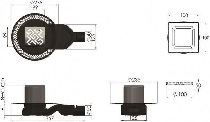 Душевой трап Berges Platz Antik 100x100 091160 с решеткой Хром