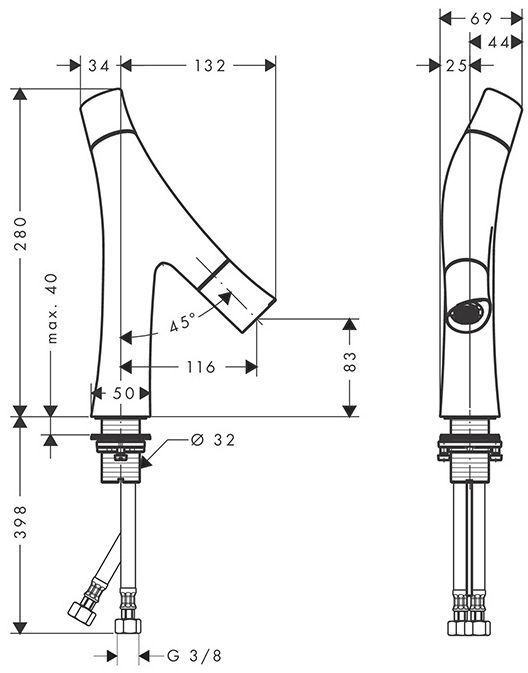 Axor Starck Organic Смеситель для раковины, 1 отв., без донного клапана, цвет: сталь