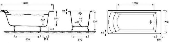 Чугунная ванна Jacob Delafon Biove 170x75 E2930-S-00 без антискользящего покрытия