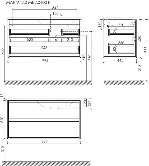 Тумба подвесная SANCOS под раковину правая Marmi 2.0, дуб галифакс натуральный 995х445х520, MR2.0100REG