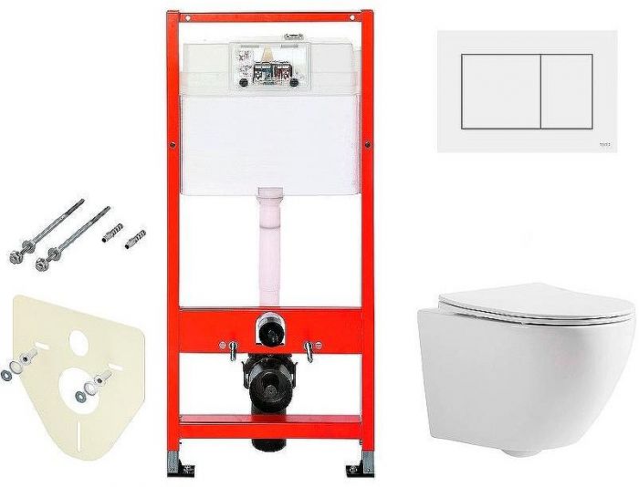 Комплект унитаза CeramaLux 2197 с инсталляцией Tece Base 9400413 с сиденьем Микролифт и Белой клавишей смыва