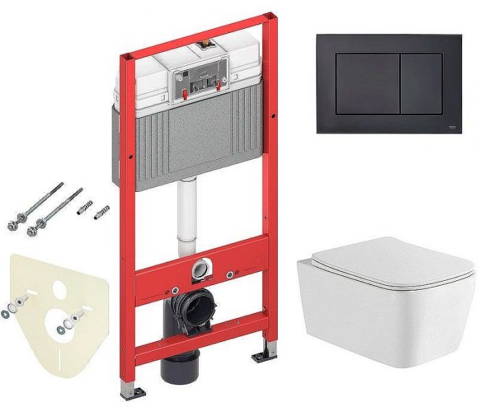 Комплект унитаза WellWant Tesoro WWU01111W с инсталляцией Tece Now 9400414 с сиденьем Микролифт и Черной матовой клавишей смыва