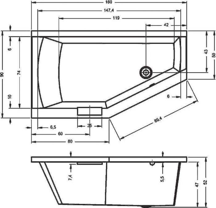 Акриловая ванна Riho Geta 160x90 B029001005 (BA8600500000000) R без гидромассажа