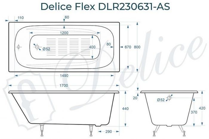 Чугунная ванна Delice Flex 170х80 DLR230631-AS без отверстий под ручки с антискользящим покрытием