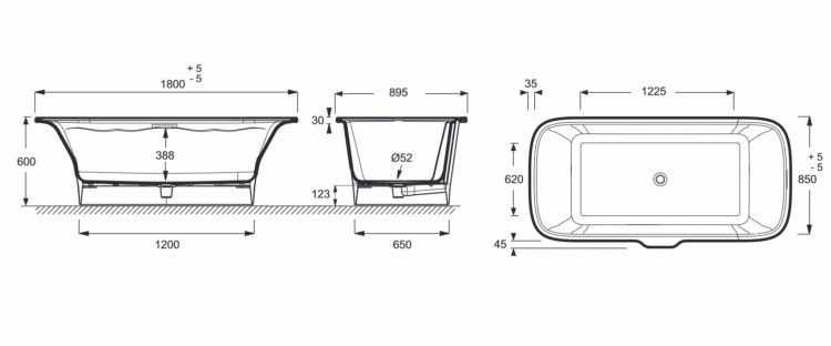 Схема ванны Jacob Delafon E6D034-00 180x85 Схема ванны Jacob Delafon E6D034-00 180x85