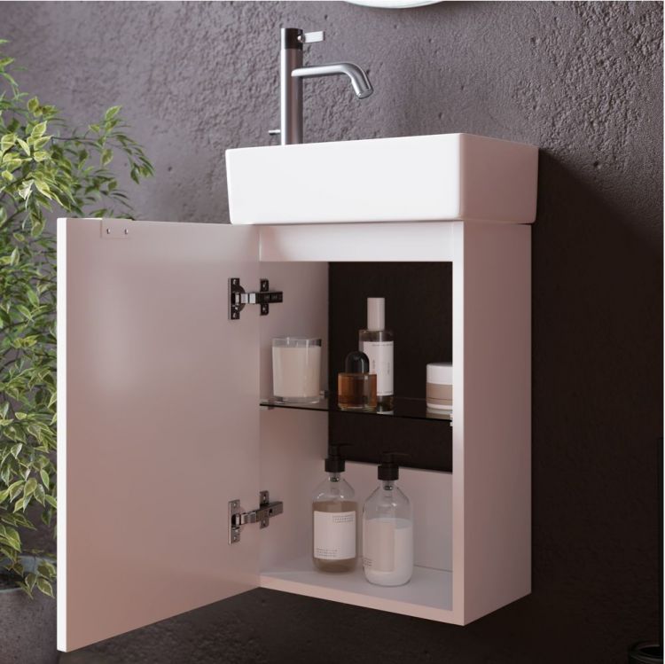 Тумба подвесная SANCOS под раковину Mini, левая, белый глянец 355х205х500, MN35WL