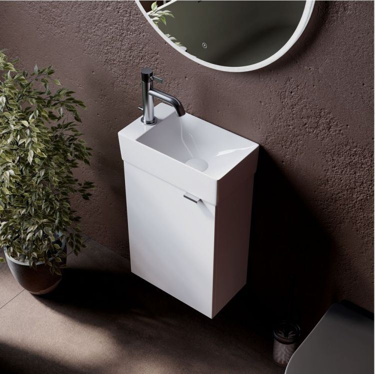 Тумба подвесная SANCOS под раковину Mini, левая, белый глянец 355х205х500, MN35WL