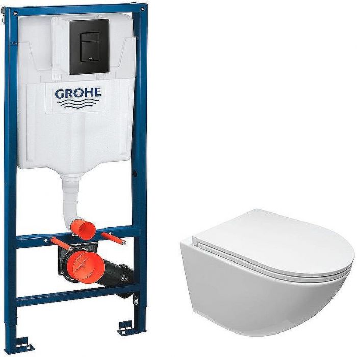 Комплект унитаза Ceruttispa B-2376-3 7183 с инсталляцией Grohe Rapid SL 38811KF0 с сиденьем Микролифт и Черной матовой клавишей смыва