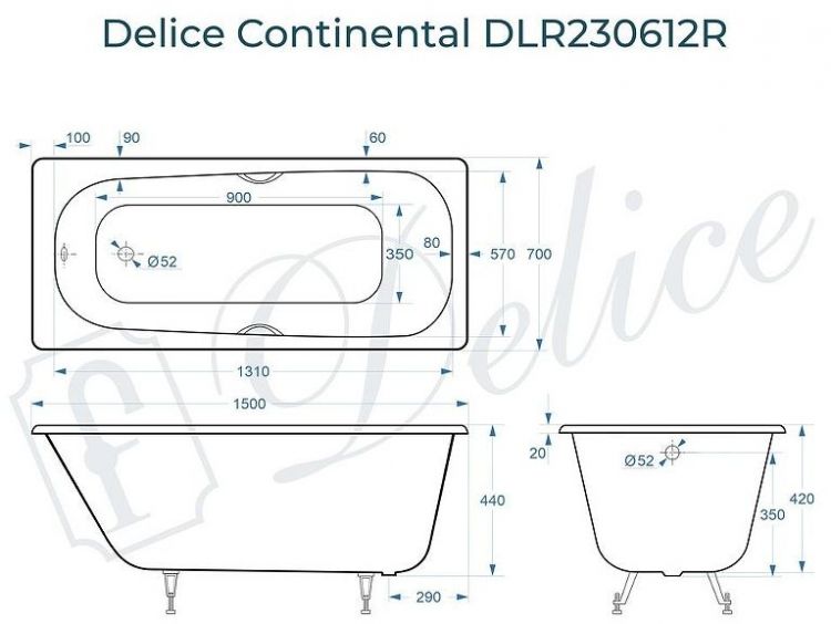 Чугунная ванна Delice Continental 150х70 DLR230612R с отверстиями под ручки без антискользящего покрытия