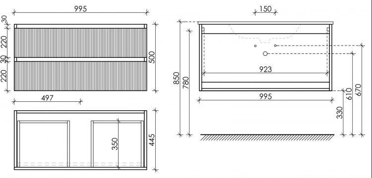 Тумба подвесная SANCOS Snob T, Bianco 995х445х500, под столешницу без отверстия под смеситель, цвет Kreman, SNT100W