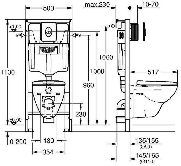 Комплект унитаза с инсталляцией Grohe Solido Perfect 39192000 с кнопкой смыва Хром и сиденьем Микролифт