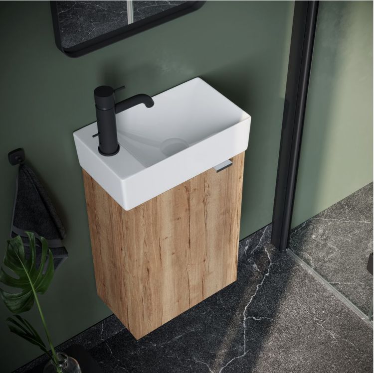 Тумба подвесная SANCOS под раковину Mini, левая, дуб галифакс натуральный 355х205х500, MN35EGL