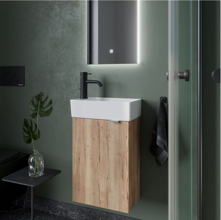 Тумба подвесная SANCOS под раковину Mini, левая, дуб галифакс натуральный 355х205х500, MN35EGL