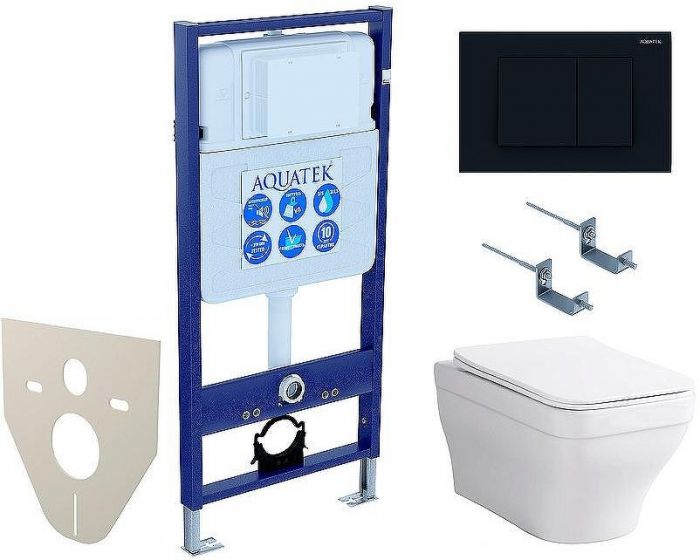 Комплект унитаза с инсталляцией Aquatek Set Aquatek Амадео cm-012 4в1 с сиденьем Микролифт и Черной матовой клавишей смыва