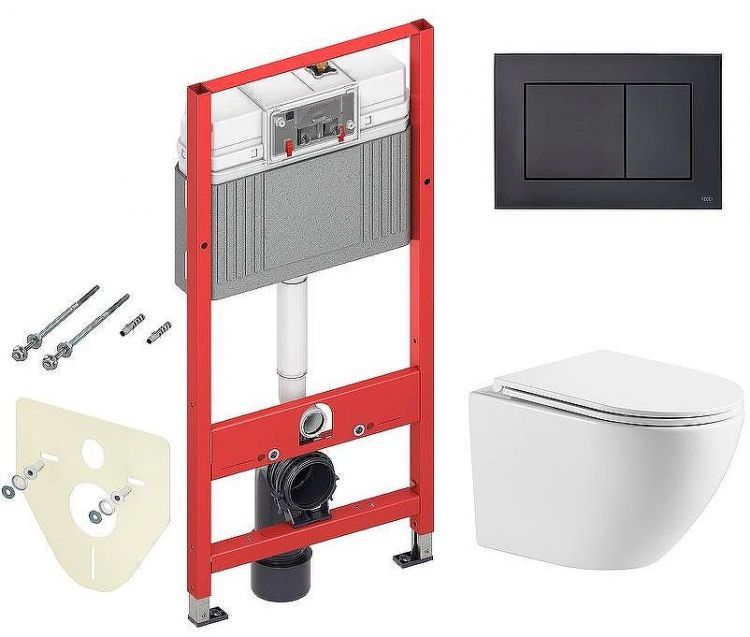 Комплект унитаза WellWant Aura WWU01121WK с инсталляцией Tece Now 9400414 с сиденьем Микролифт и Черной матовой клавишей смыва