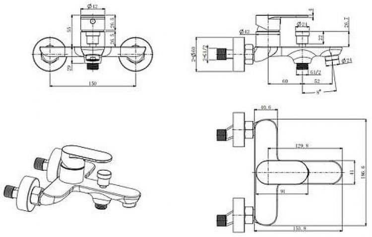Смеситель для ванны Splendy Rest RE203N2K215CR цвет Хром Смеситель для ванны Splendy Rest RE203N2K215CR цвет Хром