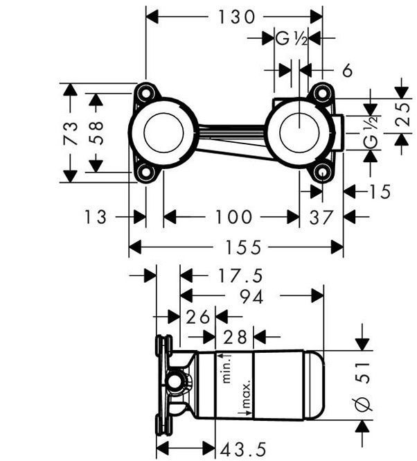 Hansgrohe Скрытая часть смесителя для раковины на 2 отверстия, для настенного монтажа