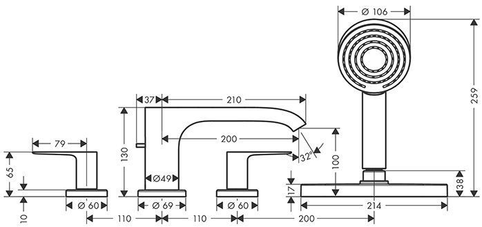 Hansgrohe Vivenis Смеситель на борт ванны, на 4 отв, с ручной лейкой, цвет: черный матовый