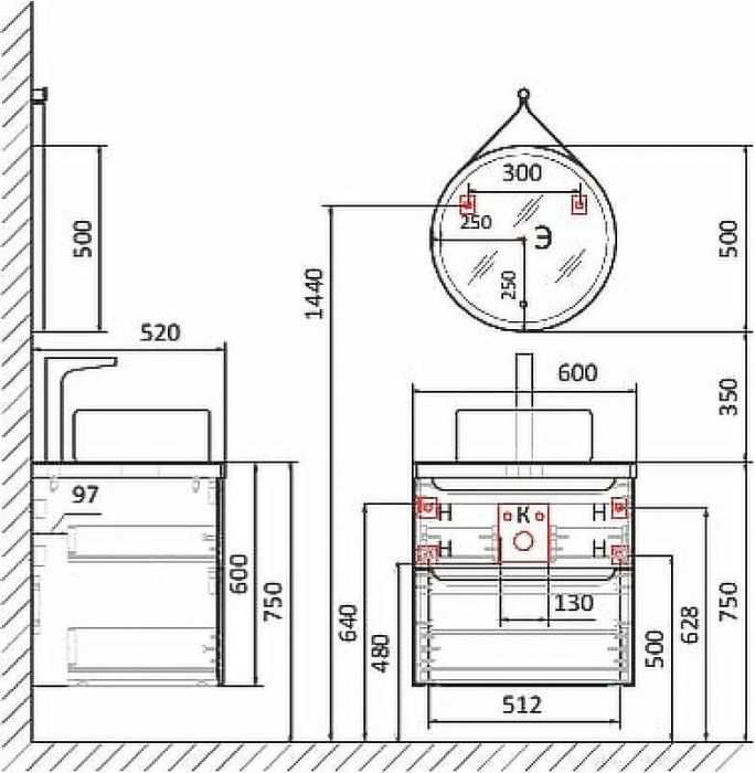 Тумба под раковину Jorno Wood 60 wood.01.60/P/GR подвесная Серая