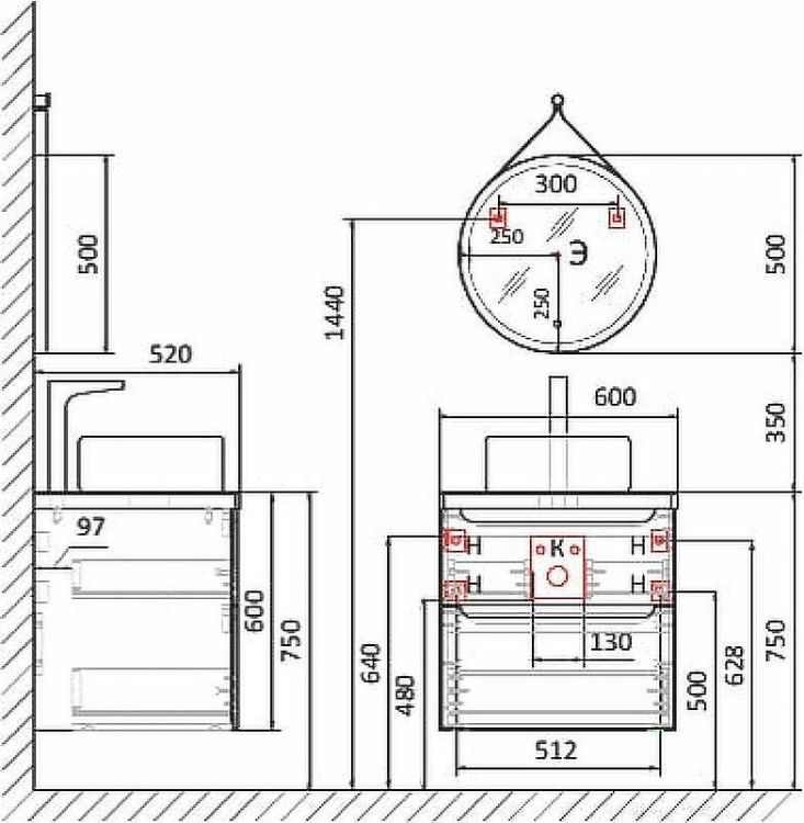 Тумба под раковину Jorno Wood 60 wood.01.60/P/GR подвесная Серая
