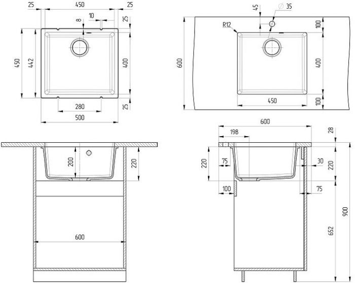 Кухонная мойка Ulgran Quartz Underground 450-07 Уголь