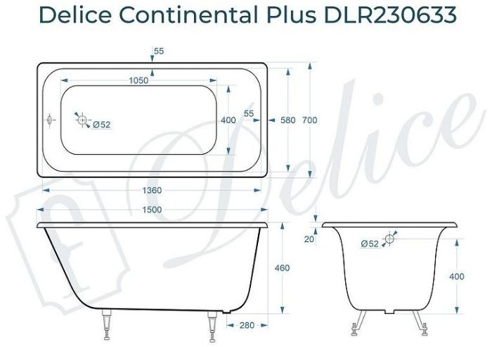 Чугунная ванна Delice Continental PLUS 150х70 DLR230633 без отверстий под ручки и антискользящего покрытия
