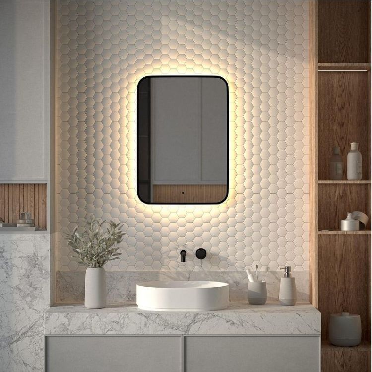 Зеркало Defesto Aura 50х70 DF 2974R с подсветкой 21W-3000K/ИК - выключатель/Теплый белый свет/Черная рама