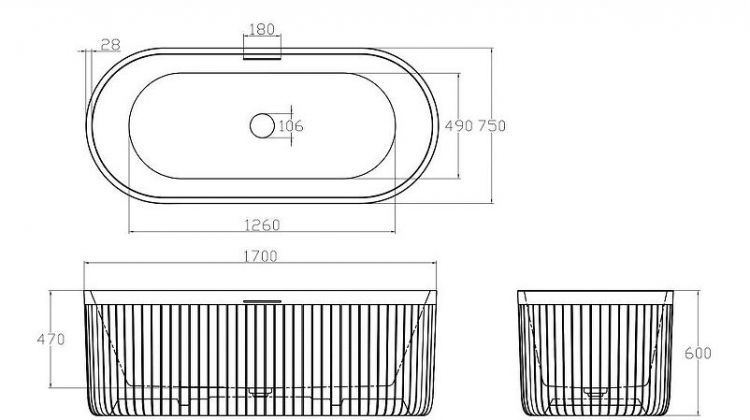 Ванна из искусственного камня Abber Stuttgart 170x75 AM9925B Черная матовая без гидромассажа