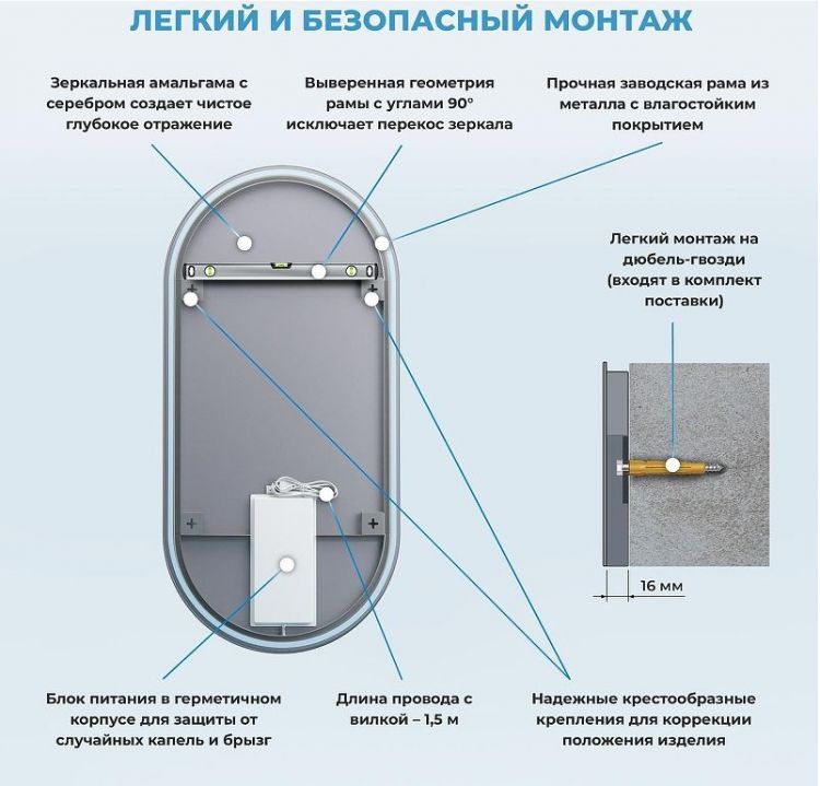 Зеркало Wellsee 7 Rays' Spectrum 50 172201520-172201530 с подсветкой цвет Черный матовый с сенсорным выключателем