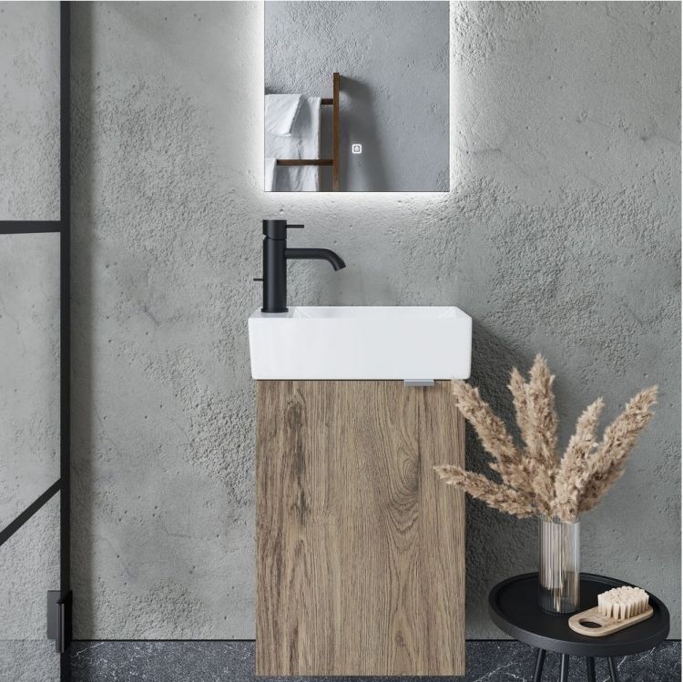 Тумба подвесная SANCOS под раковину Mini, левая, дуб чарльстон 355х205х500, MN35ECHL Тумба подвесная SANCOS под раковину Mini, левая, дуб чарльстон 355х205х500, MN35ECHL