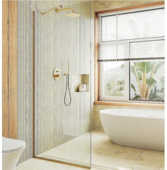 Душевая перегородка Maybah Glass MGD-689-3у 890x1950 в узком профиле Золото стекло прозрачное