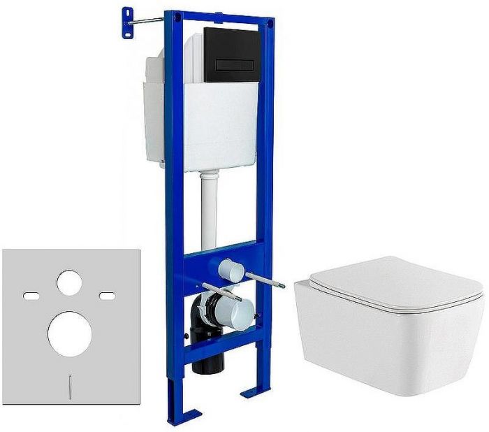 Комплект унитаза WellWant Tesoro WWU01111W с инсталляцией Berges Atom 410 040340 с сиденьем Микролифт и Черной матовой клавишей смыва