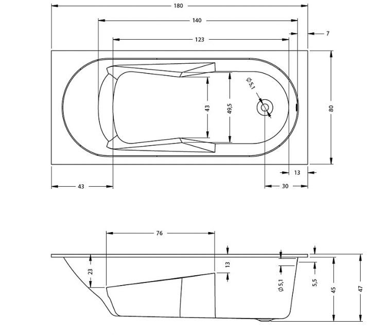 Акриловая ванна RIHO Lazy 180x80, BC4100500000000