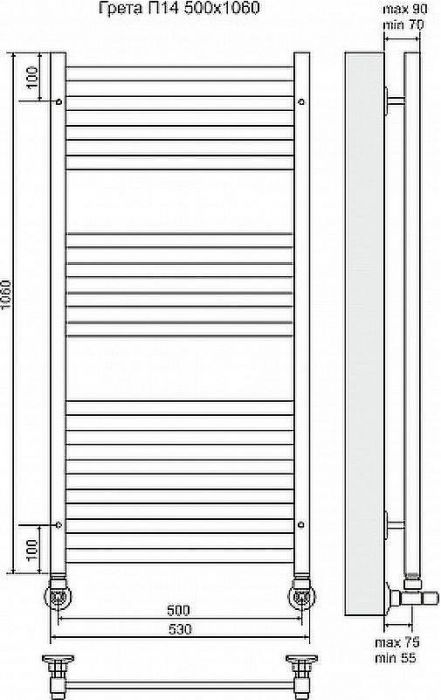 Водяной полотенцесушитель Terminus Грета П14 500x1060 4620768884689 Хром