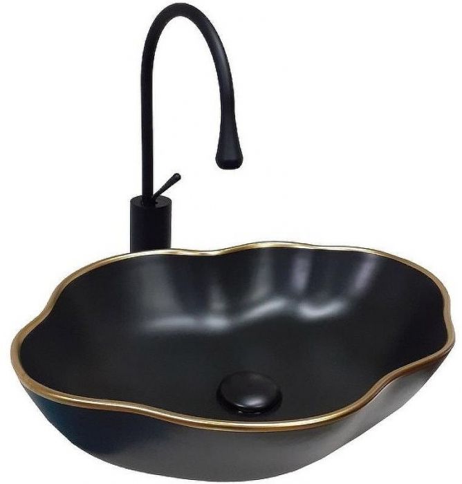 Комплект раковины-чаши Bronze de Luxe 50 1395 со смесителем Scandi 9015B Черная с золотым ободом