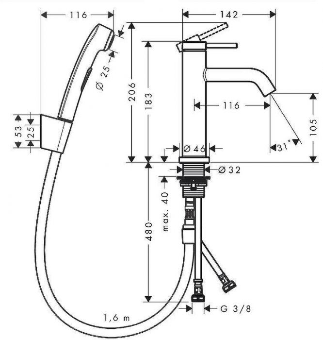 Смеситель для раковины Hansgrohe Tecturis S 73211670 с гигиеническим душем Черный матовый