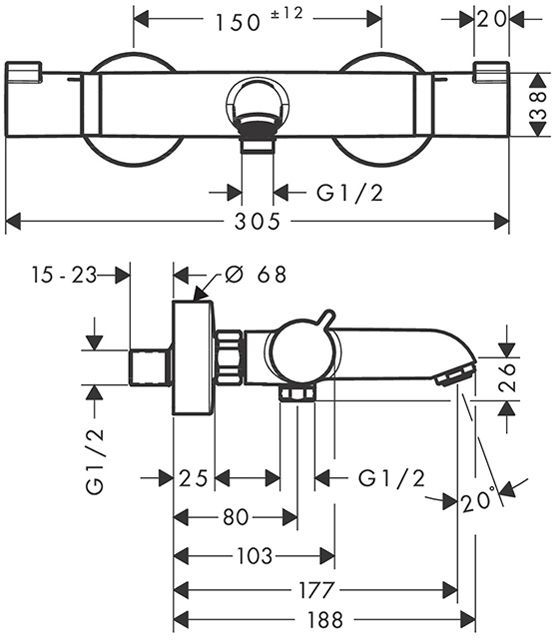 Hansgrohe Ecostat Смеситель для ванны, настенный, термостатический, цвет: черный матовый