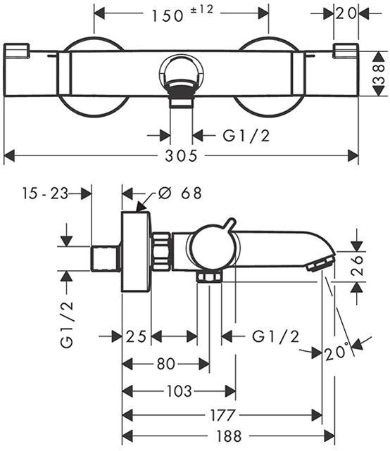 Hansgrohe Ecostat Смеситель для ванны, настенный, термостатический, цвет: черный матовый