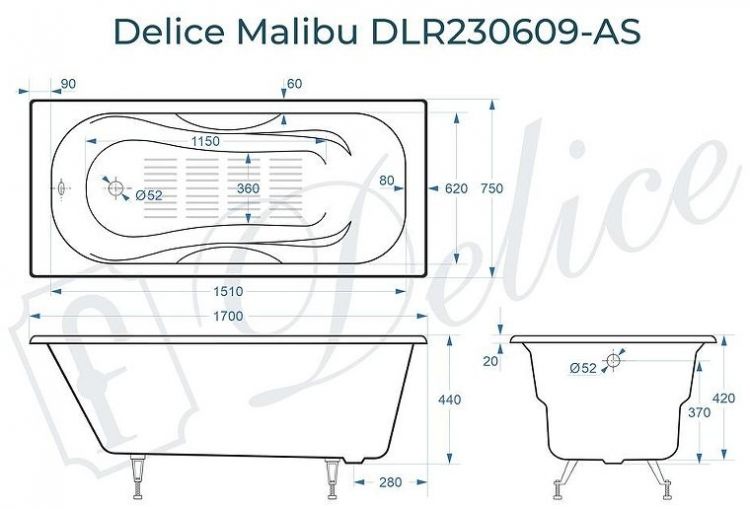 Чугунная ванна Delice Malibu 170х75 DLR230609-AS без отверстий под ручки с антискользящим покрытием