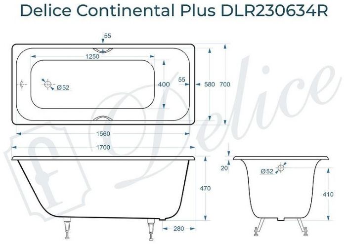 Чугунная ванна Delice Continental PLUS 170х70 DLR230634R с отверстиями под ручки без антискользящего покрытия