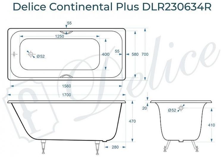 Чугунная ванна Delice Continental PLUS 170х70 DLR230634R с отверстиями под ручки без антискользящего покрытия